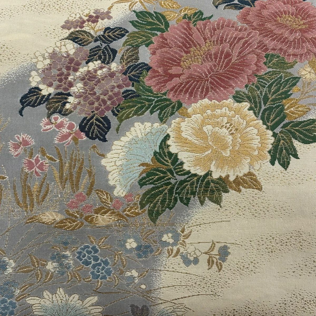 【美品】 袋帶 秀品級 草花紋紋 金金箔 金線 米色 六通 純蠶絲