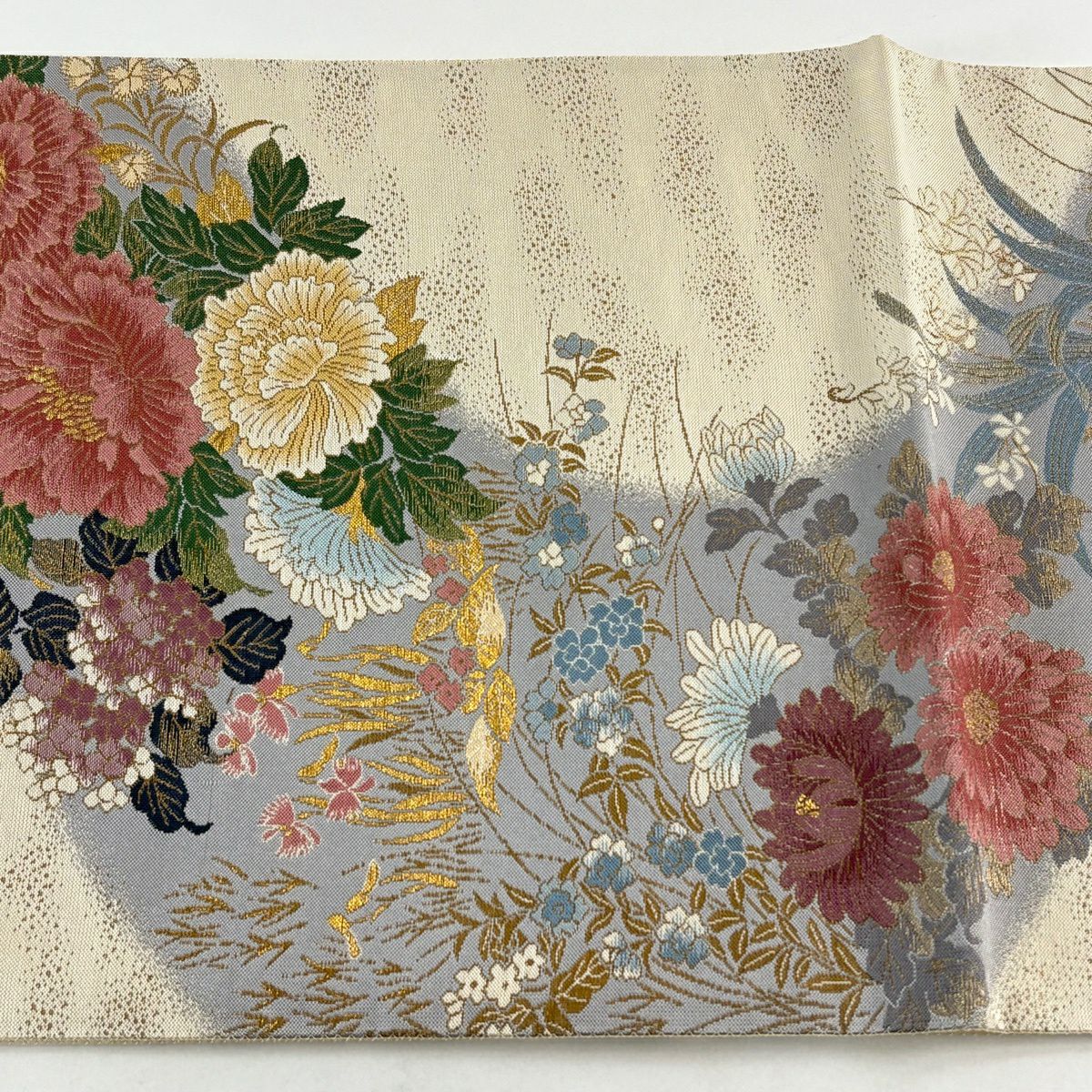 【美品】 袋帶 秀品級 草花紋紋 金金箔 金線 米色 六通 純蠶絲