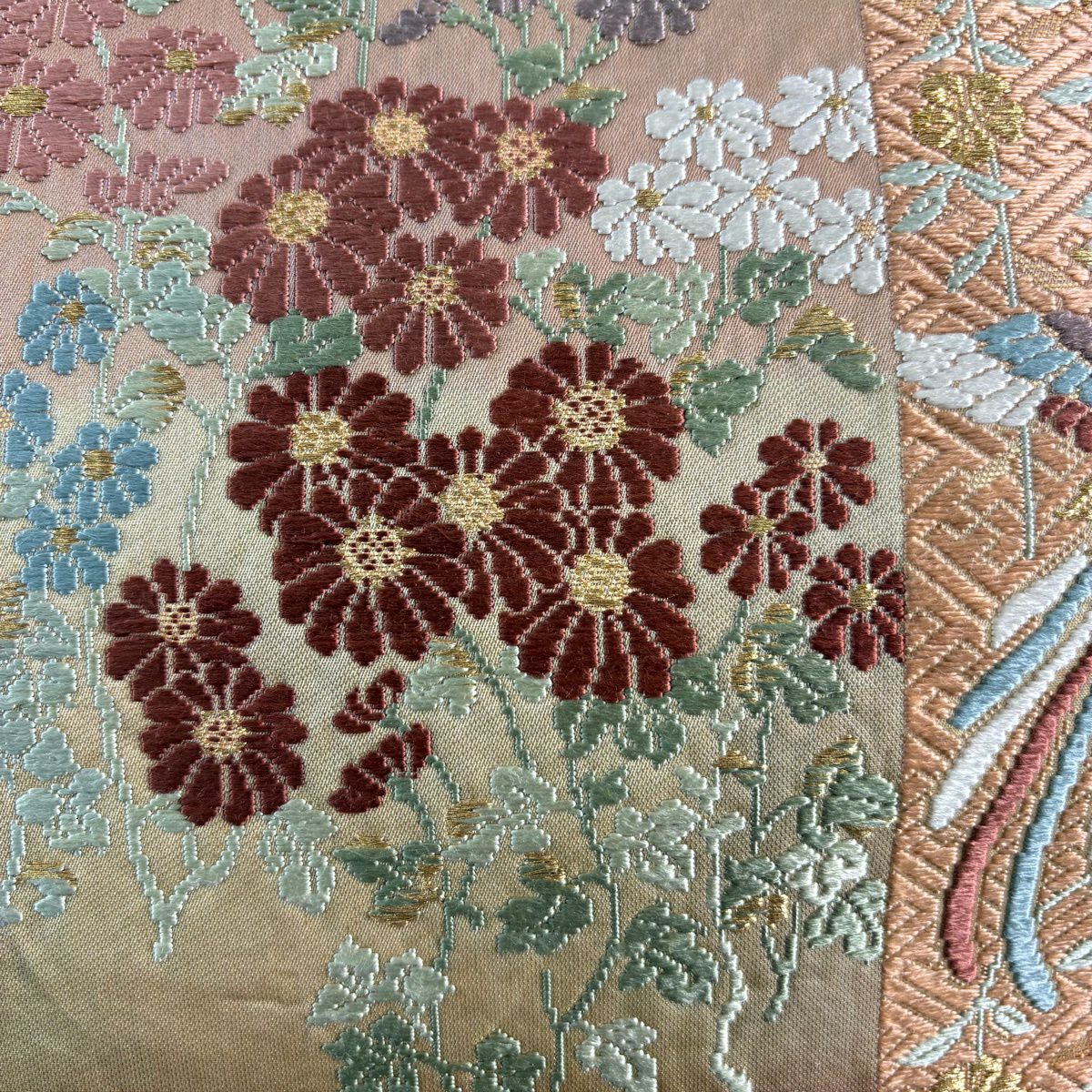 袋帶 秀品級 菊花 鳳凰 金金箔 唐織 米色 六通 純蠶絲