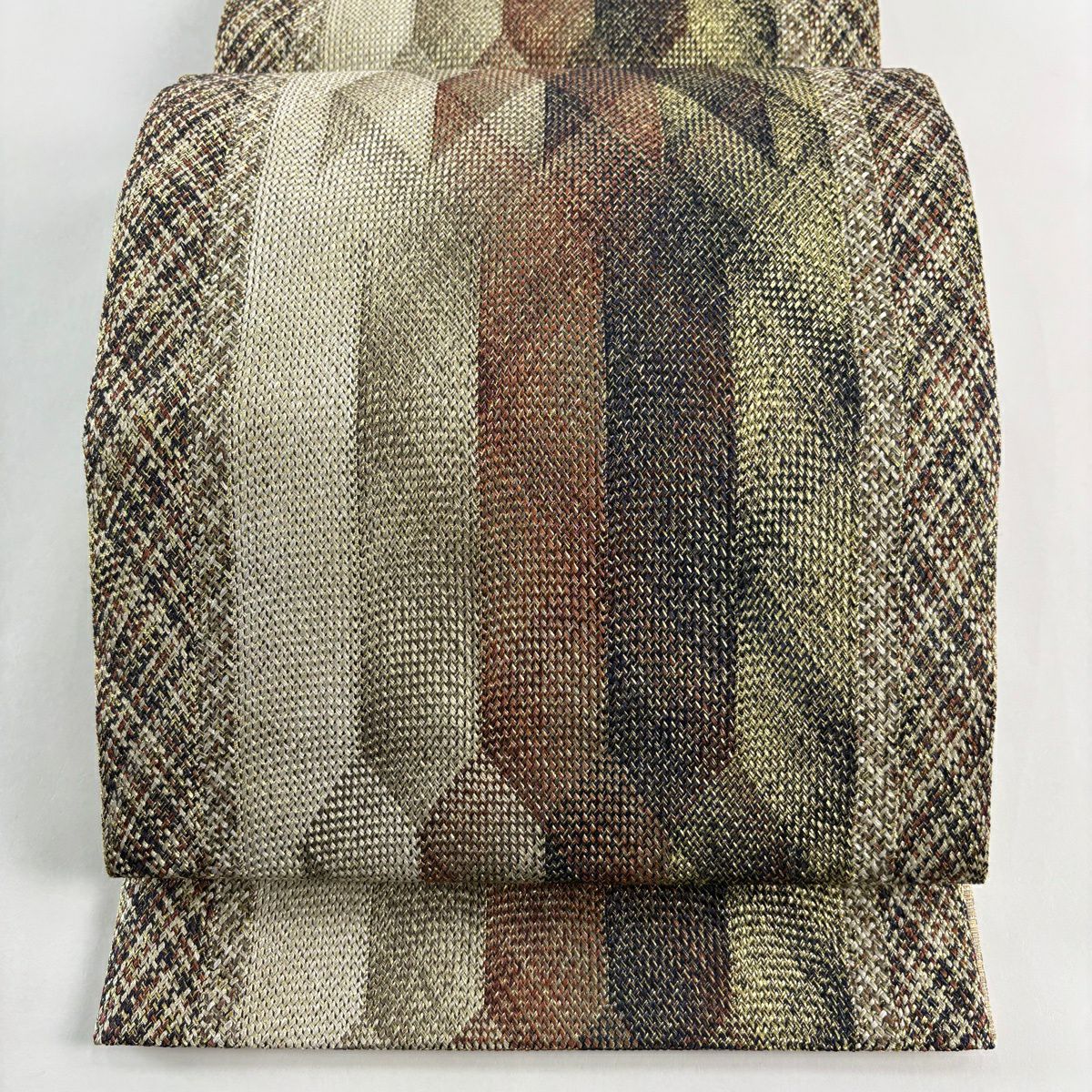 【美品】 袋帶 秀品級 縞 幾何學 金絲 米色 全通 純蠶絲