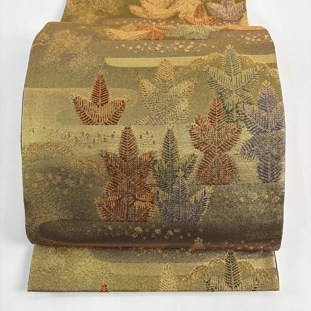 【美品】 袋帶 秀品級 若松樹 ヱ霞 金絲 金金箔 金色 六通 純蠶絲