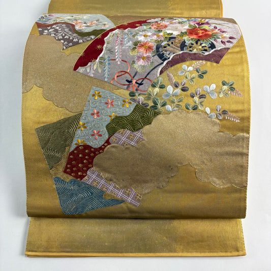 袋帶 秀品級 關西仕立 花車 扇子面 金銀線 蘇州刺繡 金色 大鼓圖案 純蠶絲