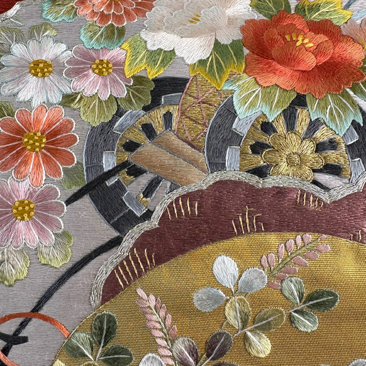 袋帶 秀品級 關西仕立 花車 扇子面 金銀線 蘇州刺繡 金色 大鼓圖案 純蠶絲