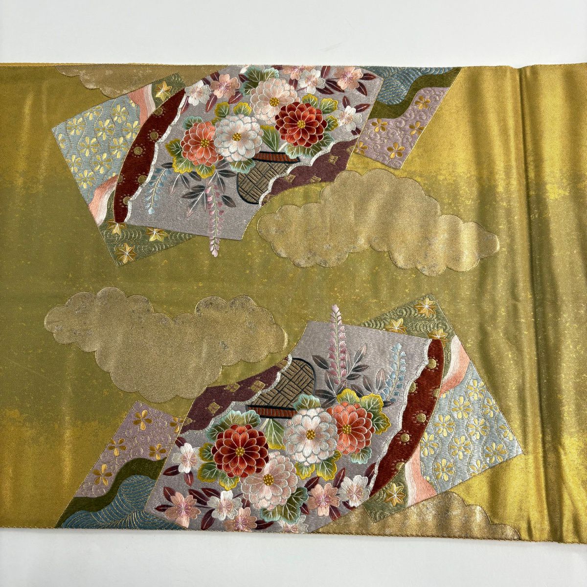 袋帶 秀品級 關西仕立 花車 扇子面 金銀線 蘇州刺繡 金色 大鼓圖案 純蠶絲