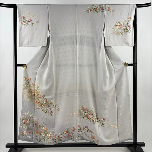 訪問服 身長155.5cm 袖長64cm M 雙層 草花紋紋 楓 金絲 金銀彩 灰 純蠶絲 名品級