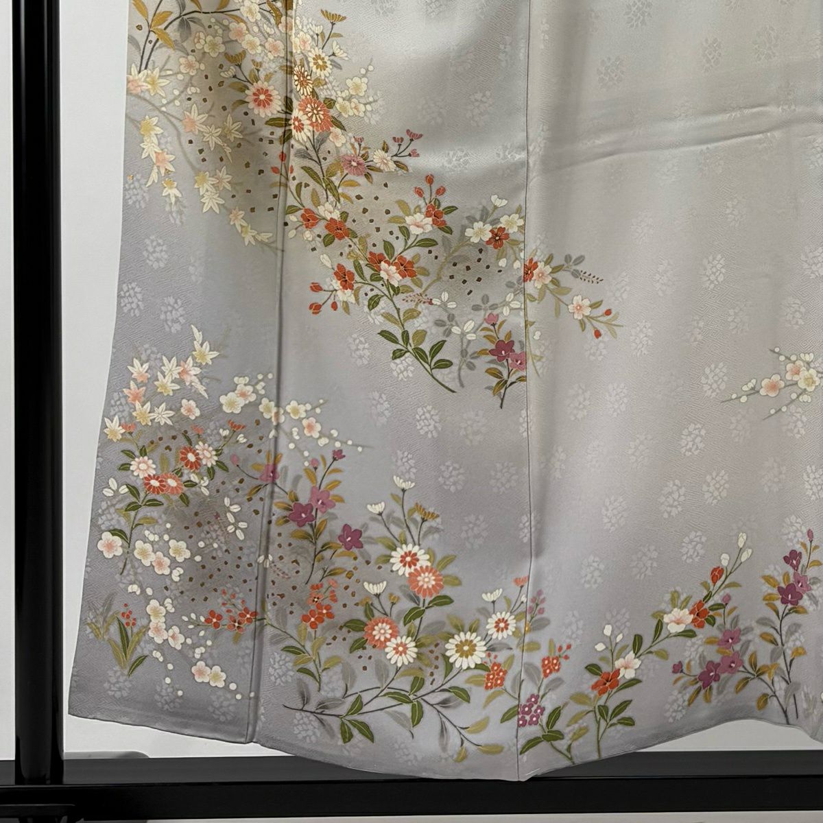 訪問服 身長155.5cm 袖長64cm M 雙層 草花紋紋 楓 金絲 金銀彩 灰 純蠶絲 名品級