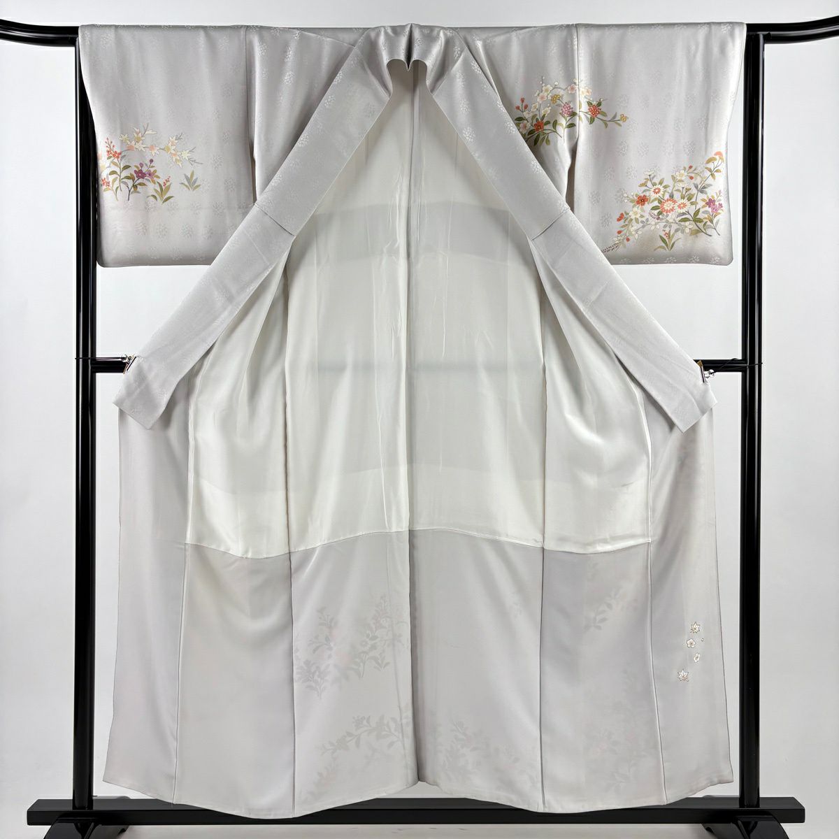 訪問服 身長155.5cm 袖長64cm M 雙層 草花紋紋 楓 金絲 金銀彩 灰 純蠶絲 名品級