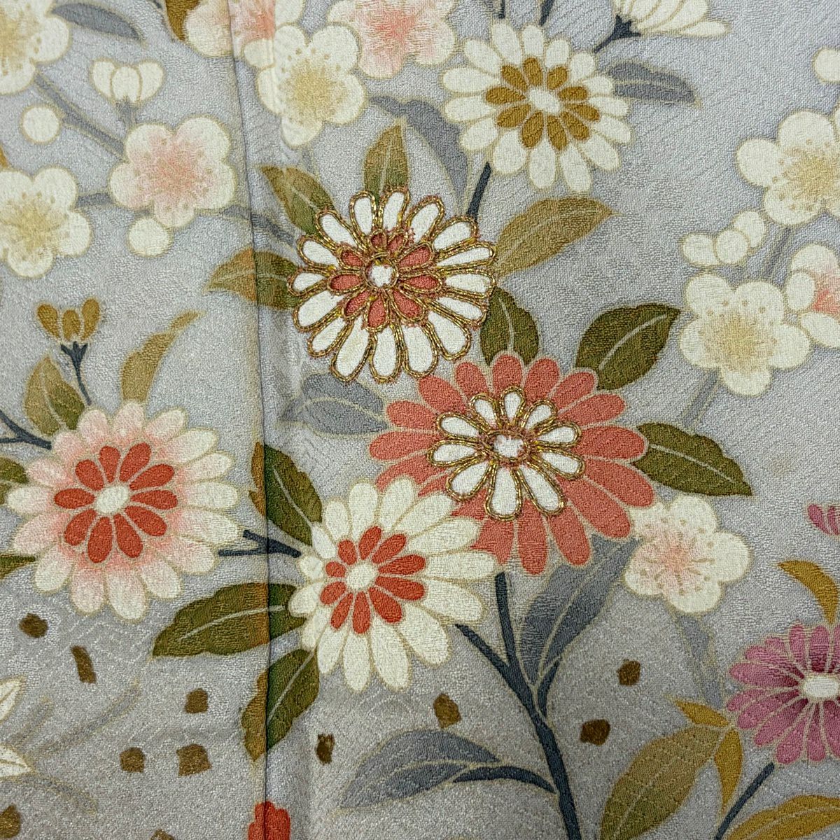 訪問服 身長155.5cm 袖長64cm M 雙層 草花紋紋 楓 金絲 金銀彩 灰 純蠶絲 名品級