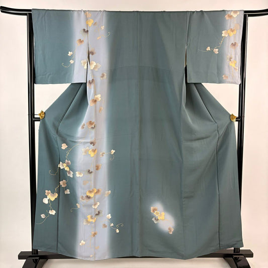 付下 身長158.5cm 袖長65cm M 雙層 瓢箪 金銀彩 漸層 灰綠 純蠶絲 名品級