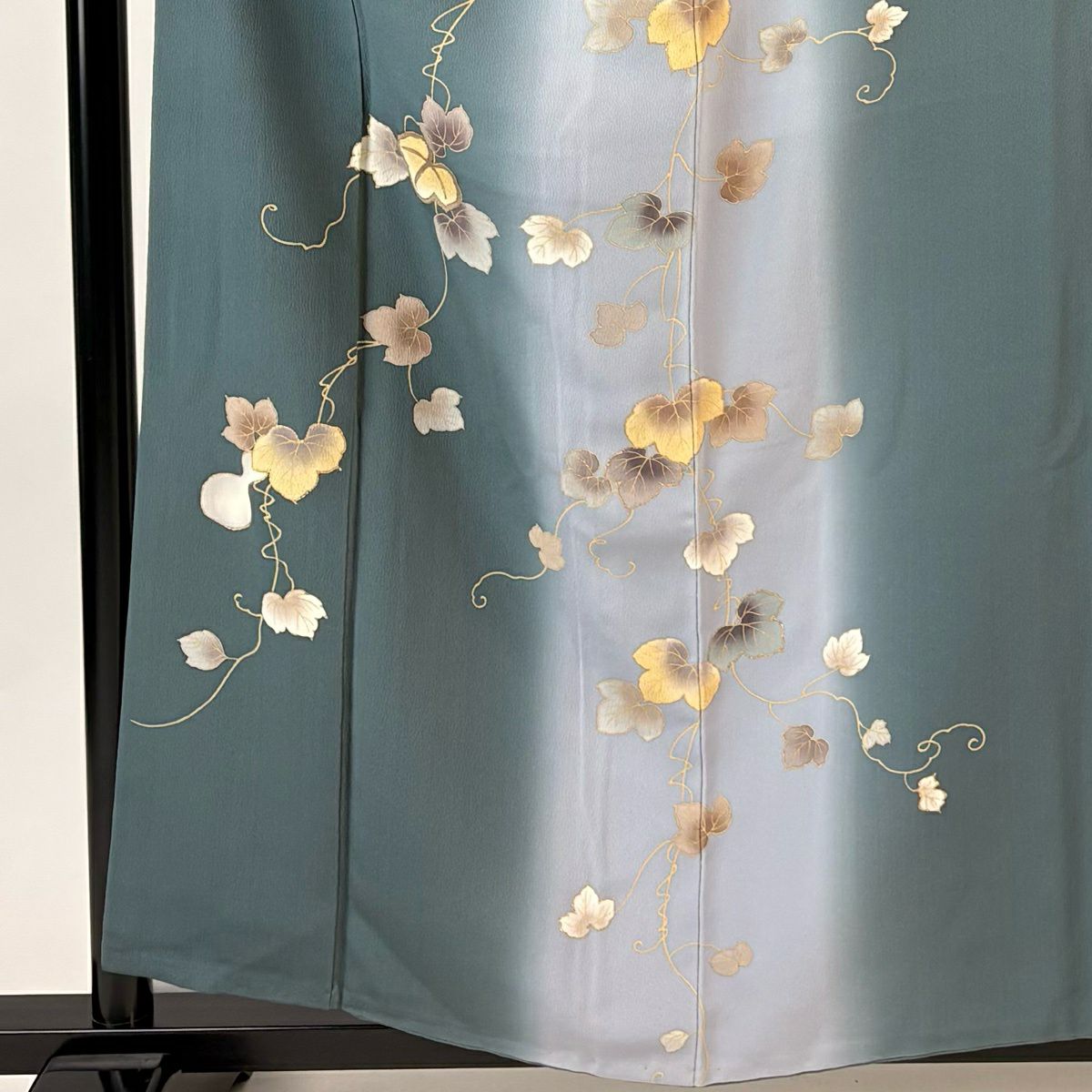付下 身長158.5cm 袖長65cm M 雙層 瓢箪 金銀彩 漸層 灰綠 純蠶絲 名品級