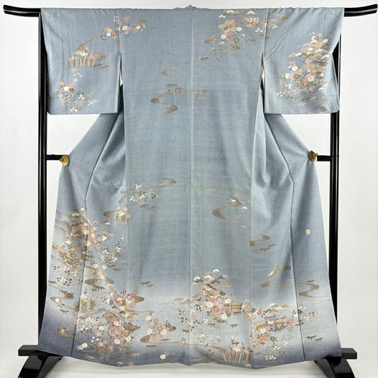 訪問服 身長163cm 袖長66.5cm M 雙層 紬織織 落款あり 家屋 草花紋紋 漸層 青灰 純蠶絲 名品級