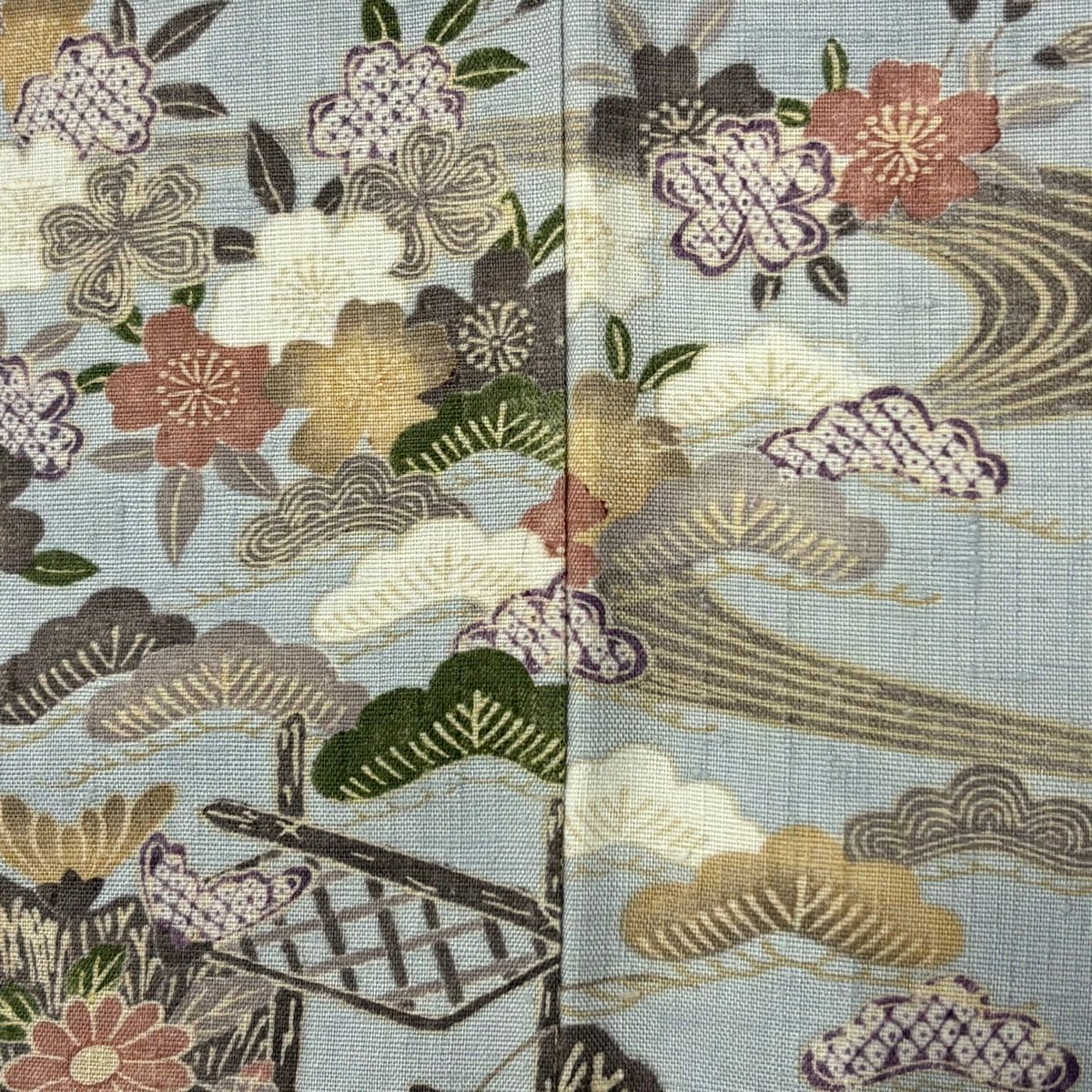 訪問服 身長163cm 袖長66.5cm M 雙層 紬織織 落款あり 家屋 草花紋紋 漸層 青灰 純蠶絲 名品級