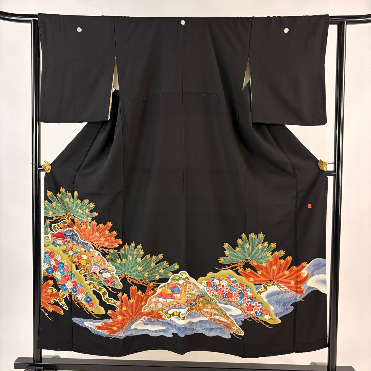黑留袖禮服 身長152cm 袖長62cm S 雙層 落款有 松樹 御所車 黑 純蠶絲 名品級