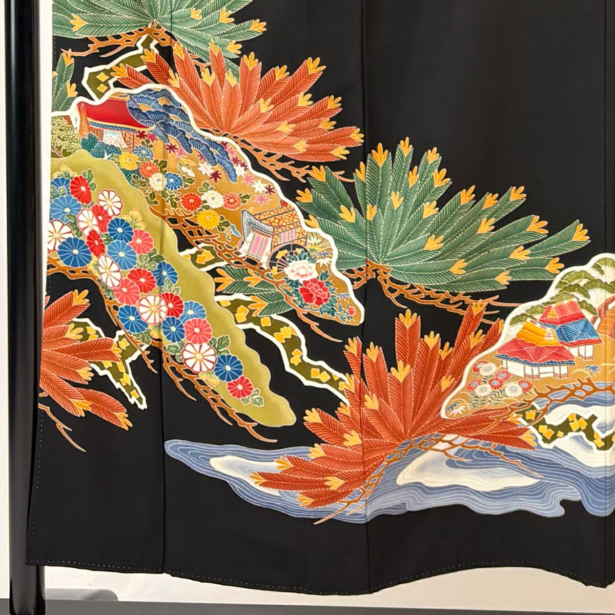 黑留袖禮服 身長152cm 袖長62cm S 雙層 落款有 松樹 御所車 黑 純蠶絲 名品級