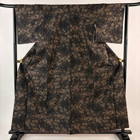 【美品】 大島紬織 身長159.5cm 袖長64cm M 雙層 證書在側 枝花 墨 黑 純蠶絲 名品級