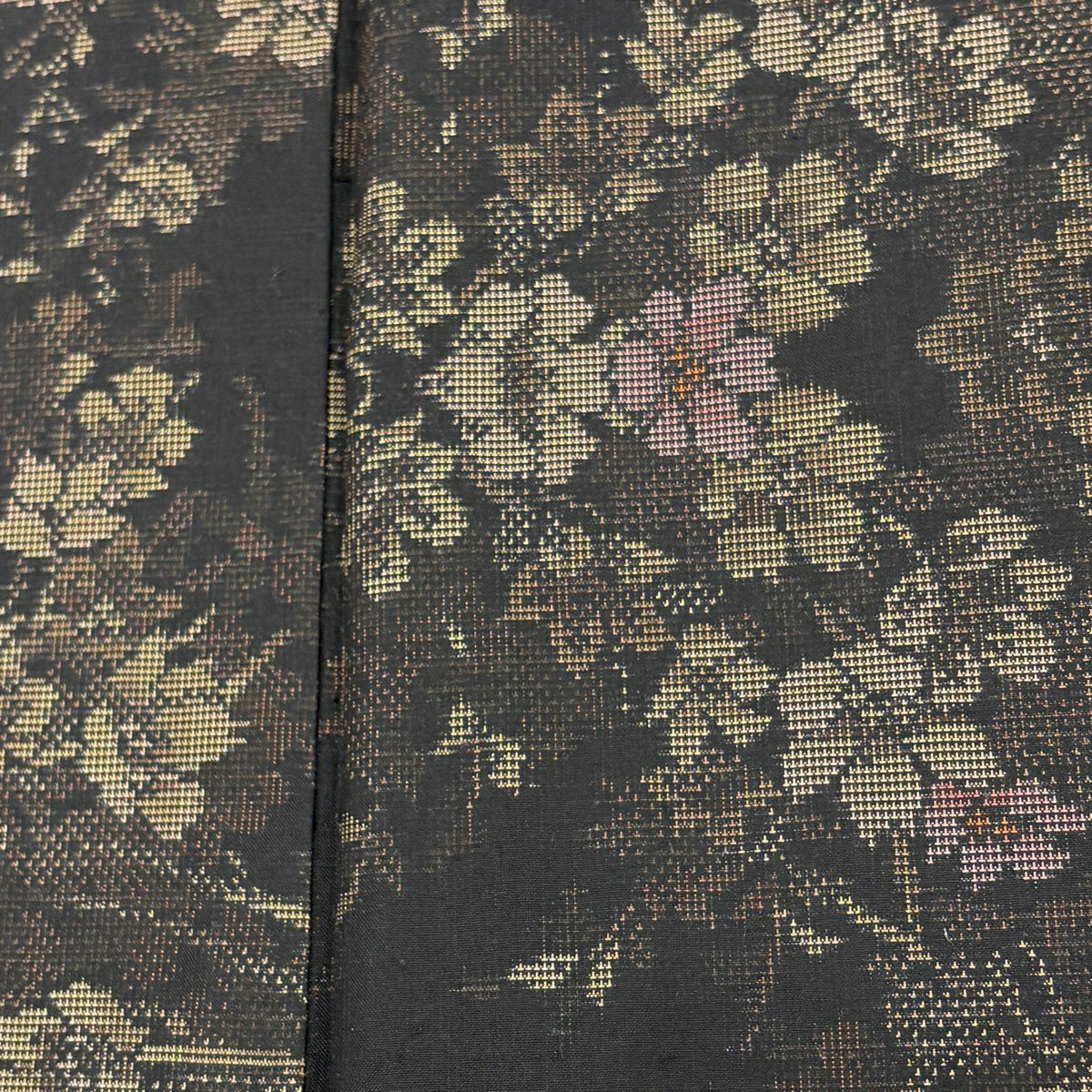【美品】 大島紬織 身長159.5cm 袖長64cm M 雙層 證書在側 枝花 墨 黑 純蠶絲 名品級