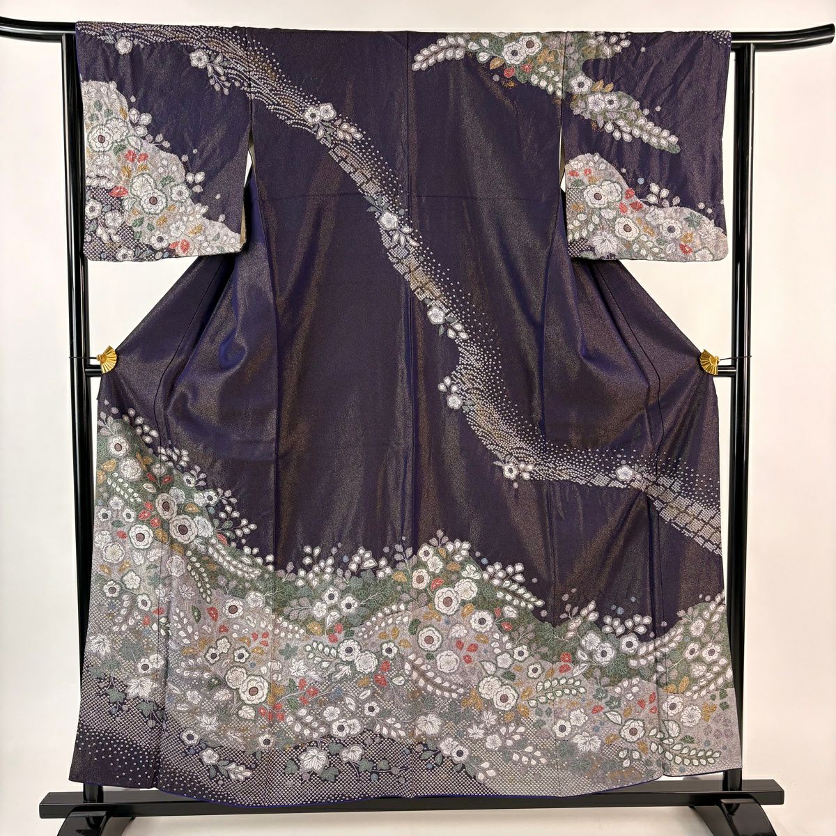 【美品】訪問服 身長157cm 袖長62.5cm S 雙層 辻花染 草花紋紋 金通し 金銀彩 深紫 純蠶絲 名品級
