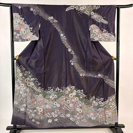 【美品】訪問服 身長157cm 袖長62.5cm S 雙層 辻花染 草花紋紋 金通し 金銀彩 深紫 純蠶絲 名品級
