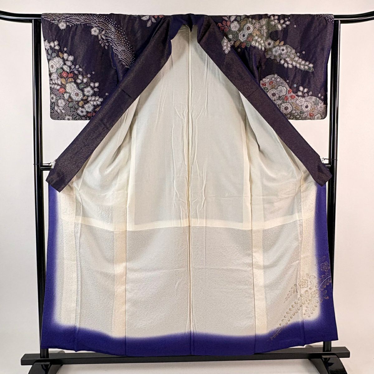 【美品】訪問服 身長157cm 袖長62.5cm S 雙層 辻花染 草花紋紋 金通し 金銀彩 深紫 純蠶絲 名品級