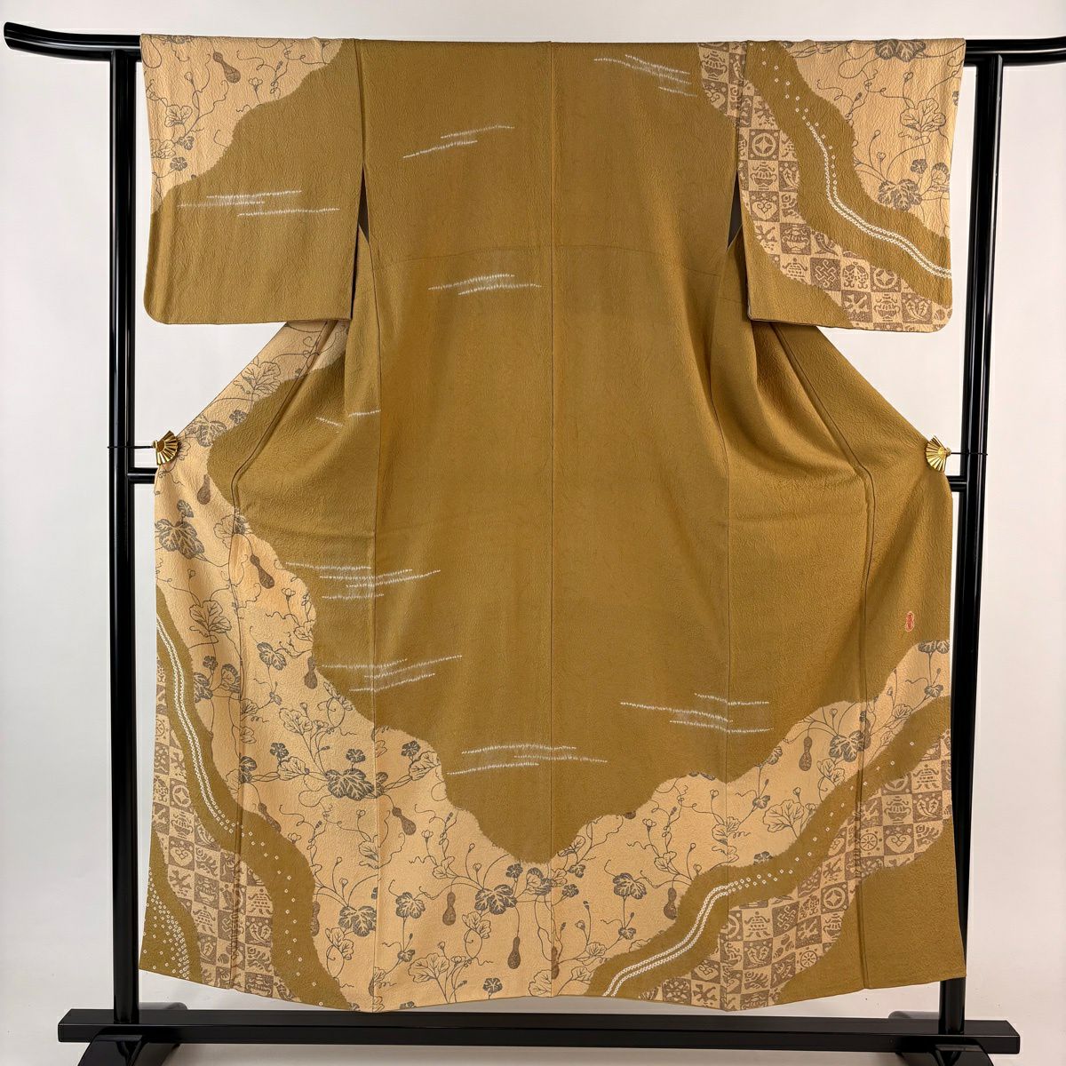 訪問服 身長153.5cm 袖長62cm S 雙層 落款 瓢箪 市松樹 染分 絞染 米色 純蠶絲 名品級