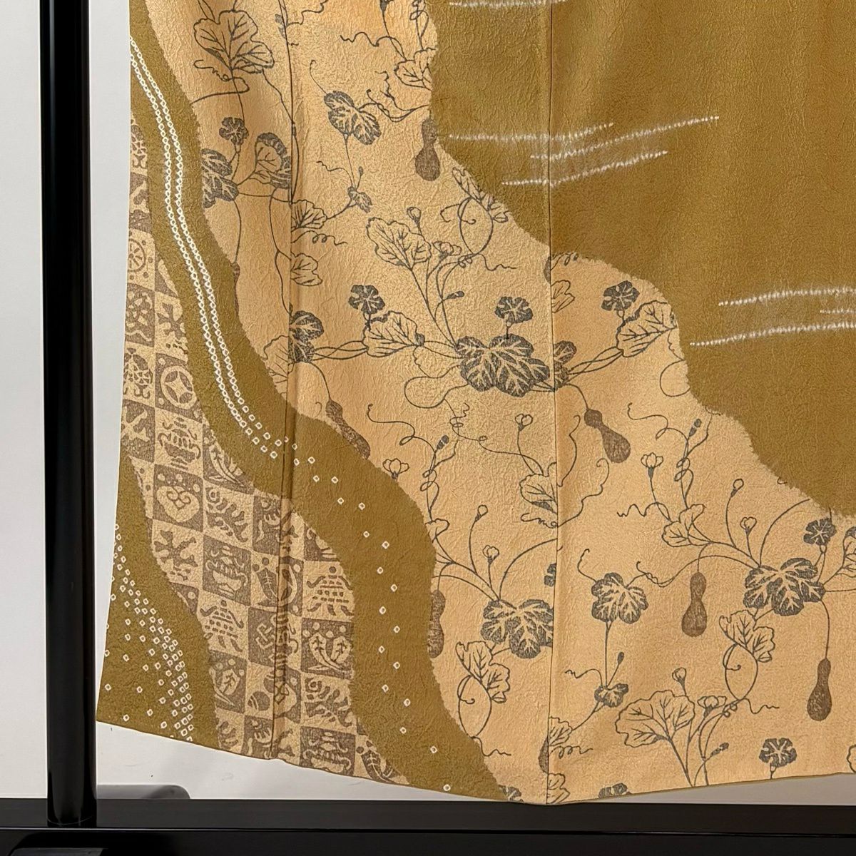 訪問服 身長153.5cm 袖長62cm S 雙層 落款 瓢箪 市松樹 染分 絞染 米色 純蠶絲 名品級
