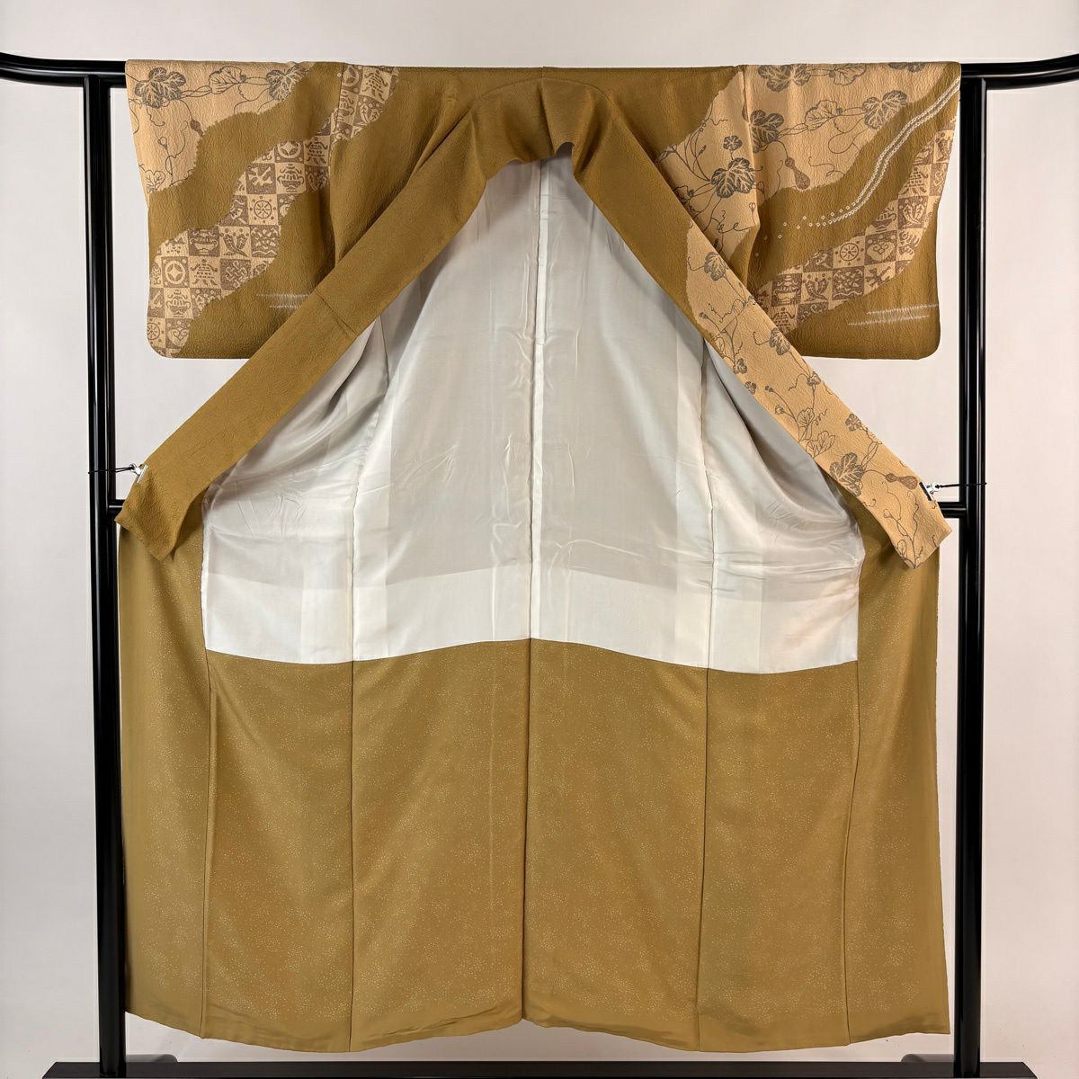 訪問服 身長153.5cm 袖長62cm S 雙層 落款 瓢箪 市松樹 染分 絞染 米色 純蠶絲 名品級