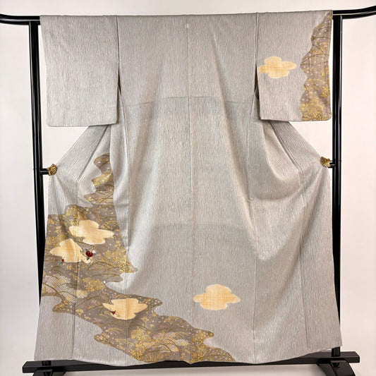 【美品】 付下 身長158cm 袖長63cm S 雙層 秋草 霞 刺繡 金銀彩 灰 純蠶絲 名品級 一つ紋
