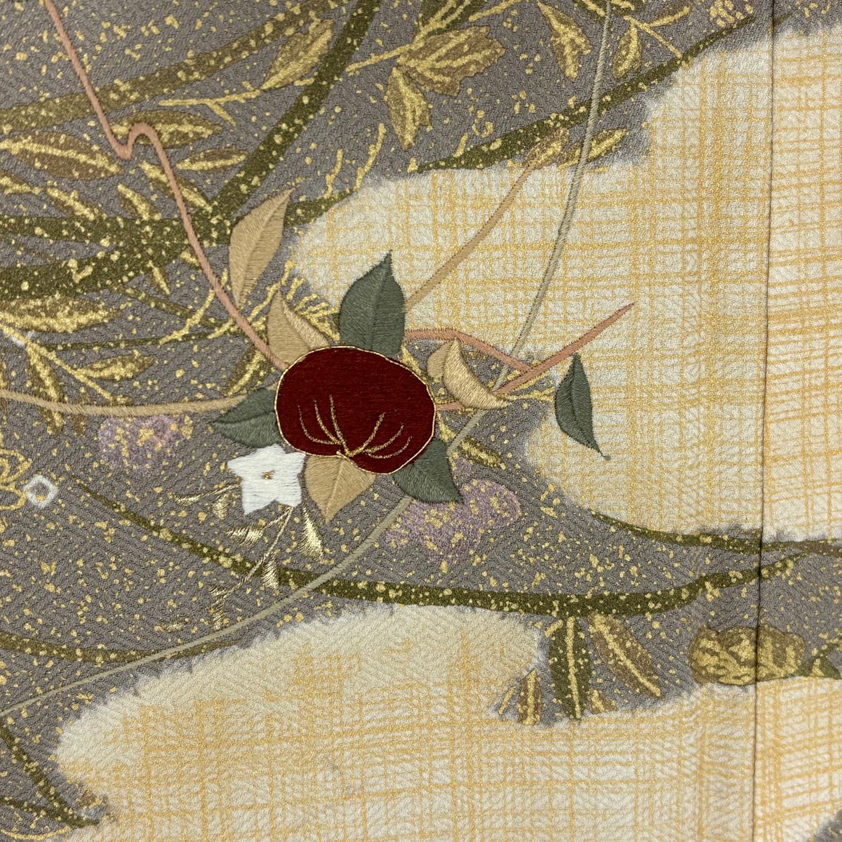 【美品】 付下 身長158cm 袖長63cm S 雙層 秋草 霞 刺繡 金銀彩 灰 純蠶絲 名品級 一つ紋