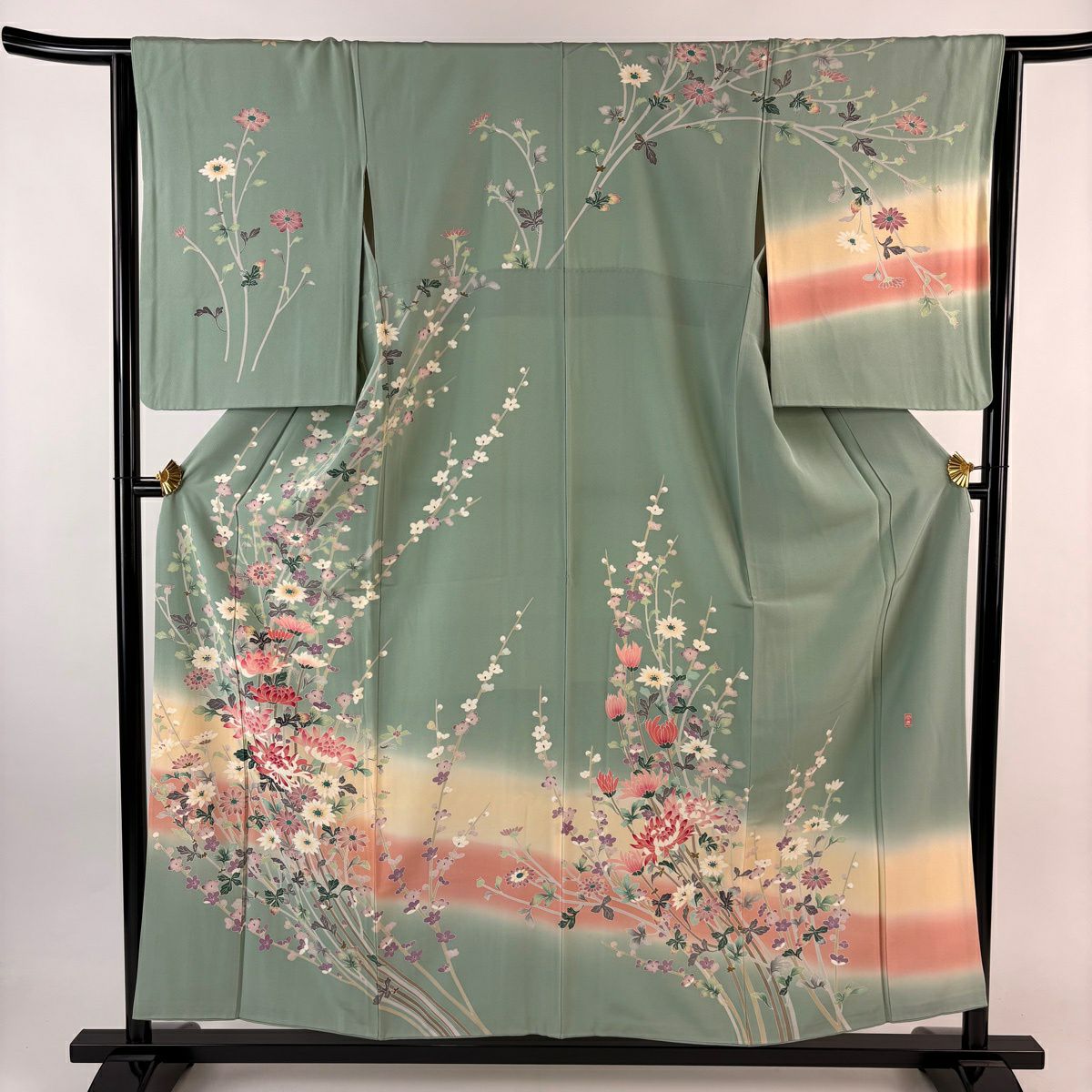 訪問服 身長155cm 袖長64cm M 雙層 落款 菊花 枝梅花 染分 ぼかし 淺綠 純蠶絲 名品級