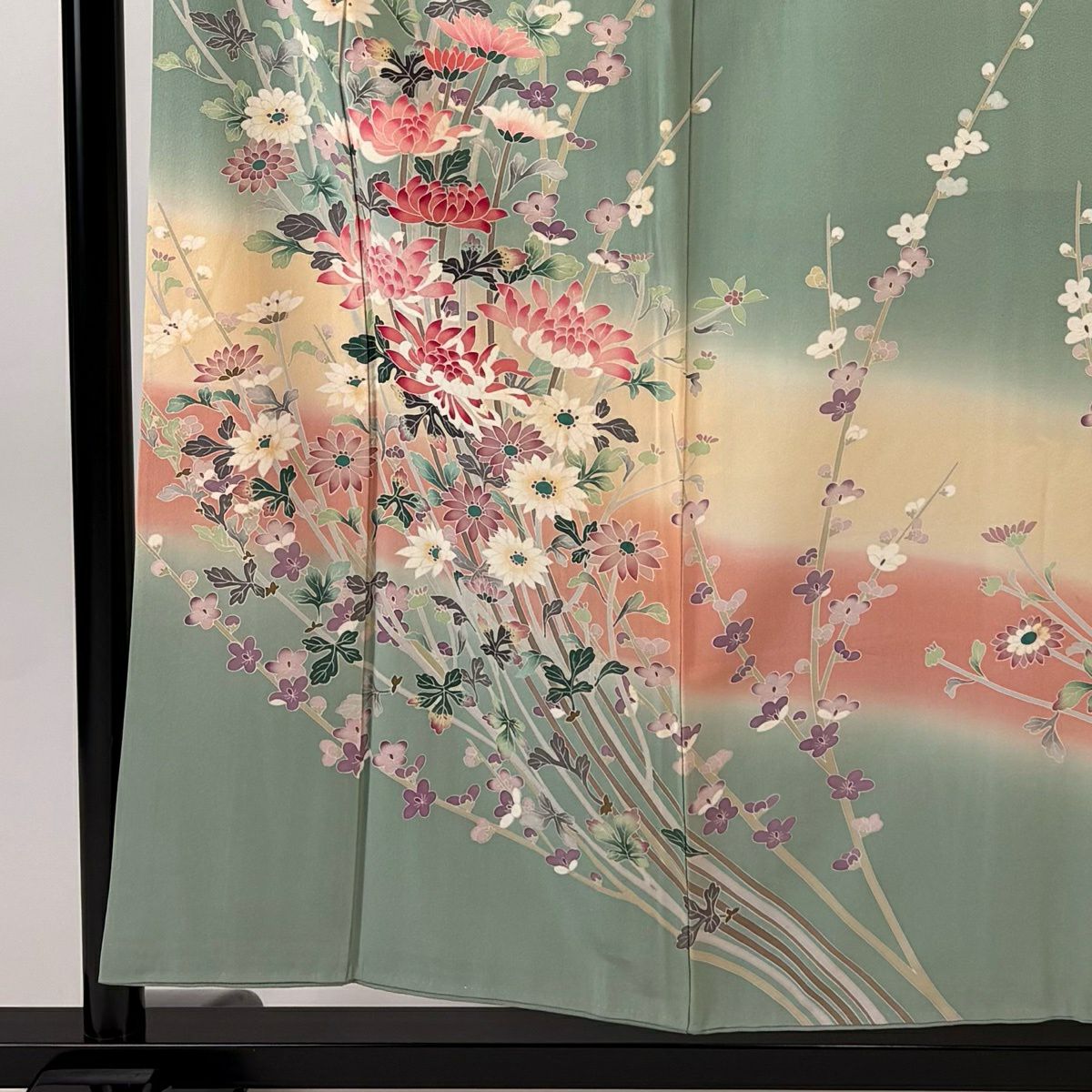 訪問服 身長155cm 袖長64cm M 雙層 落款 菊花 枝梅花 染分 ぼかし 淺綠 純蠶絲 名品級