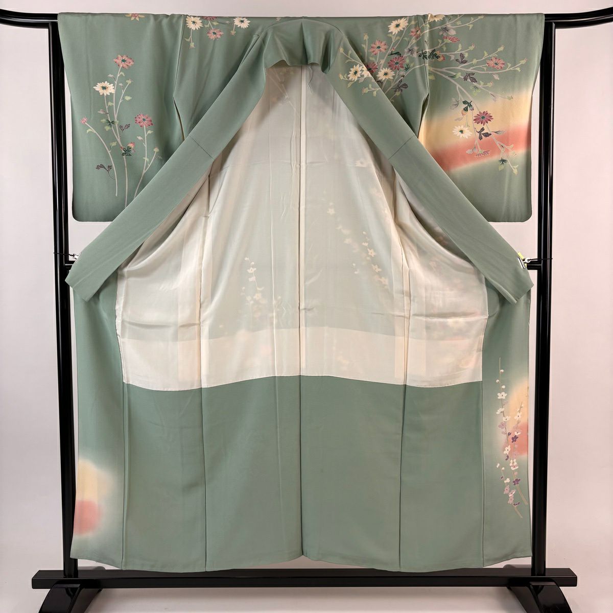 訪問服 身長155cm 袖長64cm M 雙層 落款 菊花 枝梅花 染分 ぼかし 淺綠 純蠶絲 名品級