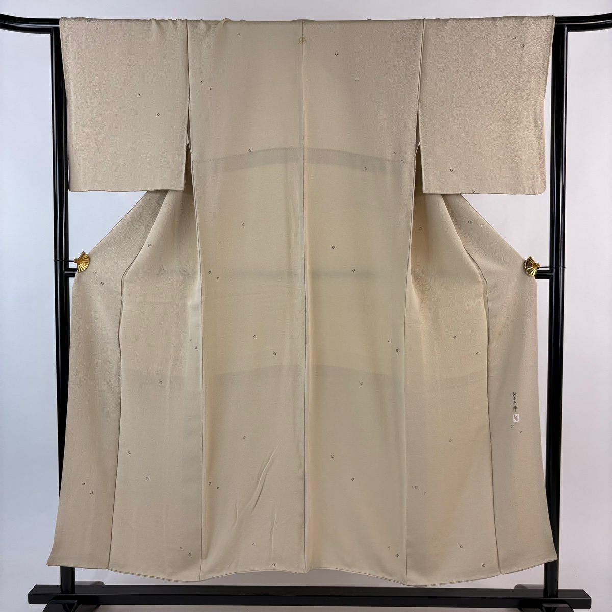 小紋 身長151cm 袖長64.5cm M 雙層 柿本市郎 落款あり 梅花 金金箔 米色 純蠶絲 名品級 一つ紋