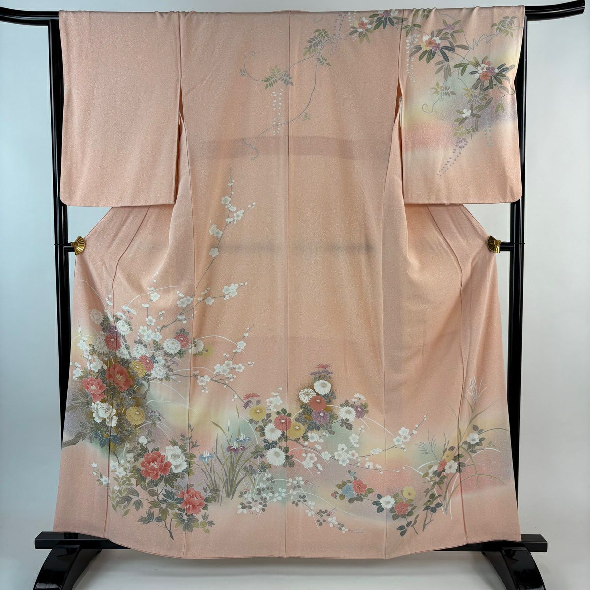 訪問服 身長161cm 袖長64.5cm M 雙層 牡丹 菊花 金銀彩 漸層 鮭粉色 純蠶絲 名品級