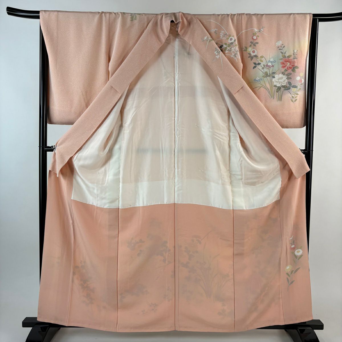 訪問服 身長161cm 袖長64.5cm M 雙層 牡丹 菊花 金銀彩 漸層 鮭粉色 純蠶絲 名品級