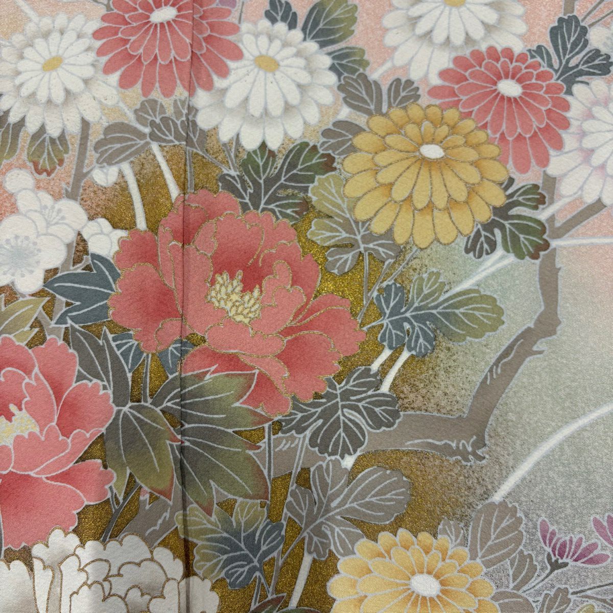訪問服 身長161cm 袖長64.5cm M 雙層 牡丹 菊花 金銀彩 漸層 鮭粉色 純蠶絲 名品級