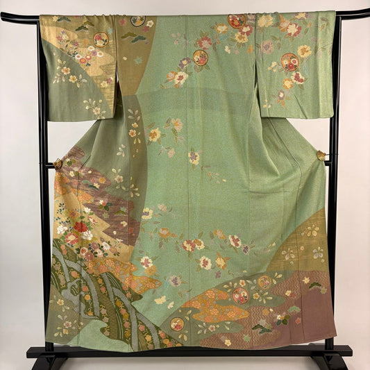 訪問服 身長154cm 袖長64.5cm M 雙層 牡丹 菊花 金絲 金銀彩 淺綠 純蠶絲 名品級