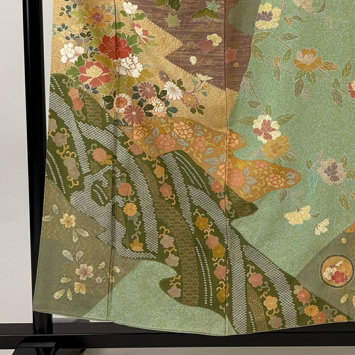 訪問服 身長154cm 袖長64.5cm M 雙層 牡丹 菊花 金絲 金銀彩 淺綠 純蠶絲 名品級
