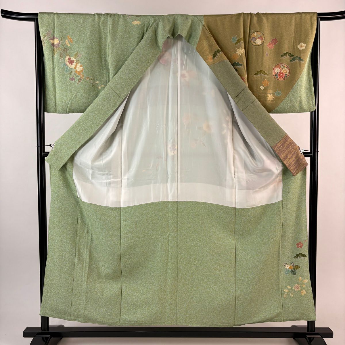 訪問服 身長154cm 袖長64.5cm M 雙層 牡丹 菊花 金絲 金銀彩 淺綠 純蠶絲 名品級