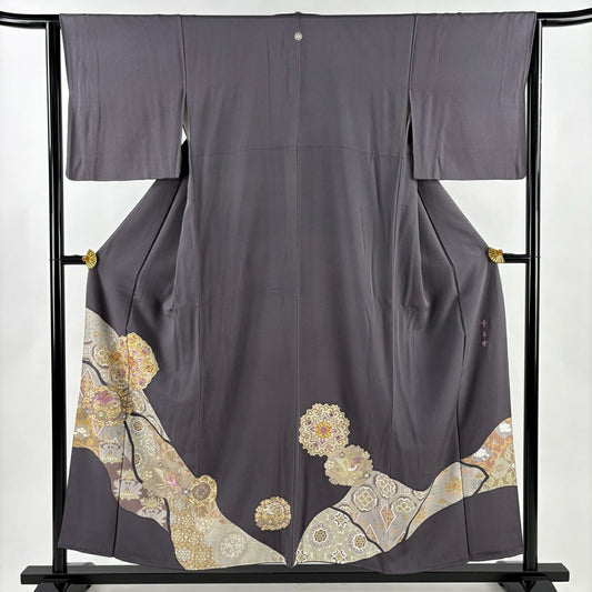 付下 身長155.5cm 袖長63cm S 雙層 帝王紫 落款 華紋 鳳凰 金糸刺繡 灰紫 純蠶絲 名品級 一つ紋