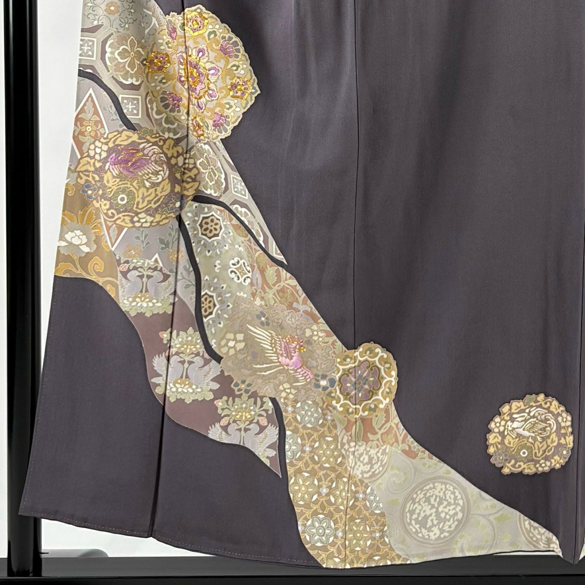 付下 身長155.5cm 袖長63cm S 雙層 帝王紫 落款 華紋 鳳凰 金糸刺繡 灰紫 純蠶絲 名品級 一つ紋