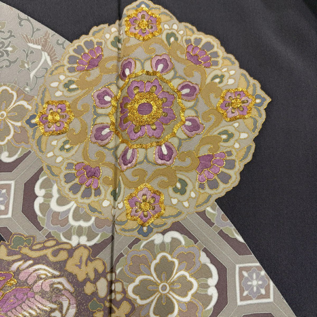 付下 身長155.5cm 袖長63cm S 雙層 帝王紫 落款 華紋 鳳凰 金糸刺繡 灰紫 純蠶絲 名品級 一つ紋
