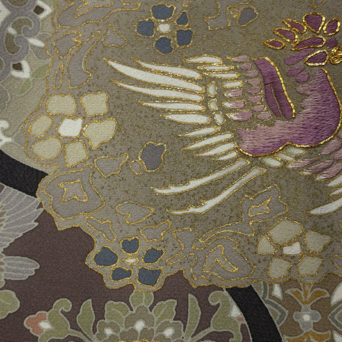 付下 身長155.5cm 袖長63cm S 雙層 帝王紫 落款 華紋 鳳凰 金糸刺繡 灰紫 純蠶絲 名品級 一つ紋