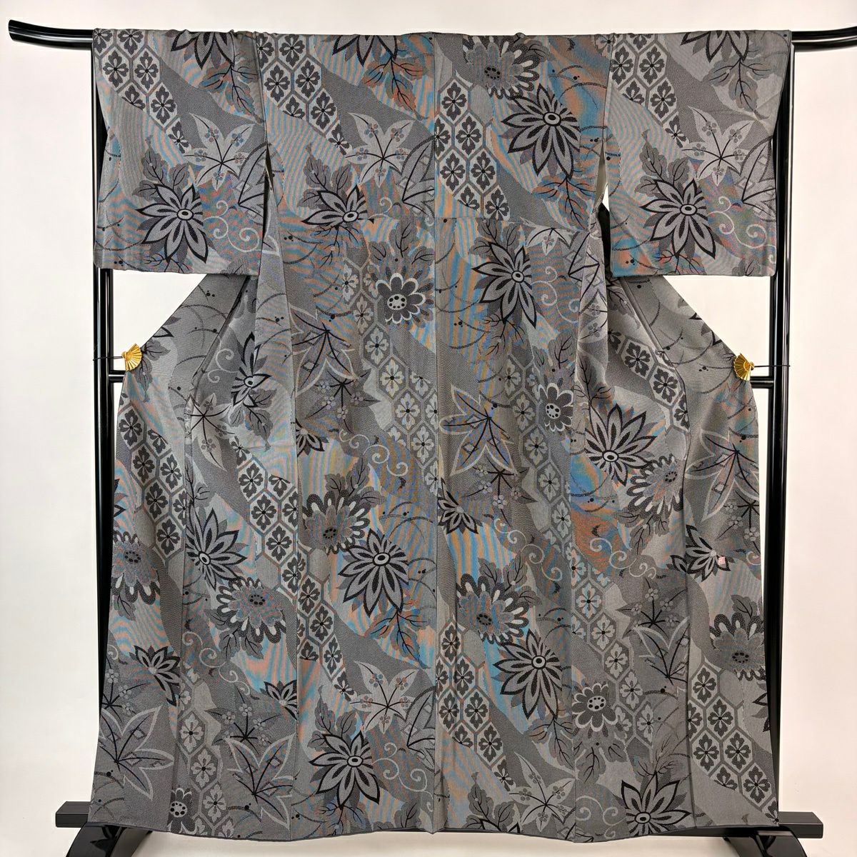 小紋 身長159.5cm 袖長66cm M 雙層 落款 草花紋紋 龜甲 黑灰 純蠶絲 名品級