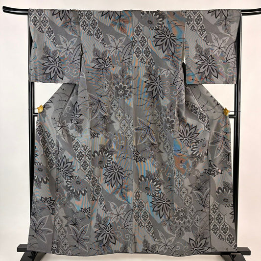 小紋 身長159.5cm 袖長66cm M 雙層 落款 草花紋紋 龜甲 黑灰 純蠶絲 名品級