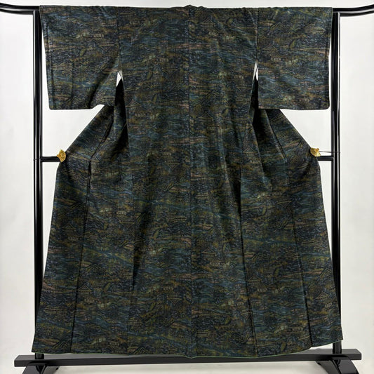 【美品】 紬織 身長156cm 袖長64cm M 雙層 證書在手 建築 風景 墨 黑 純蠶絲 名品級