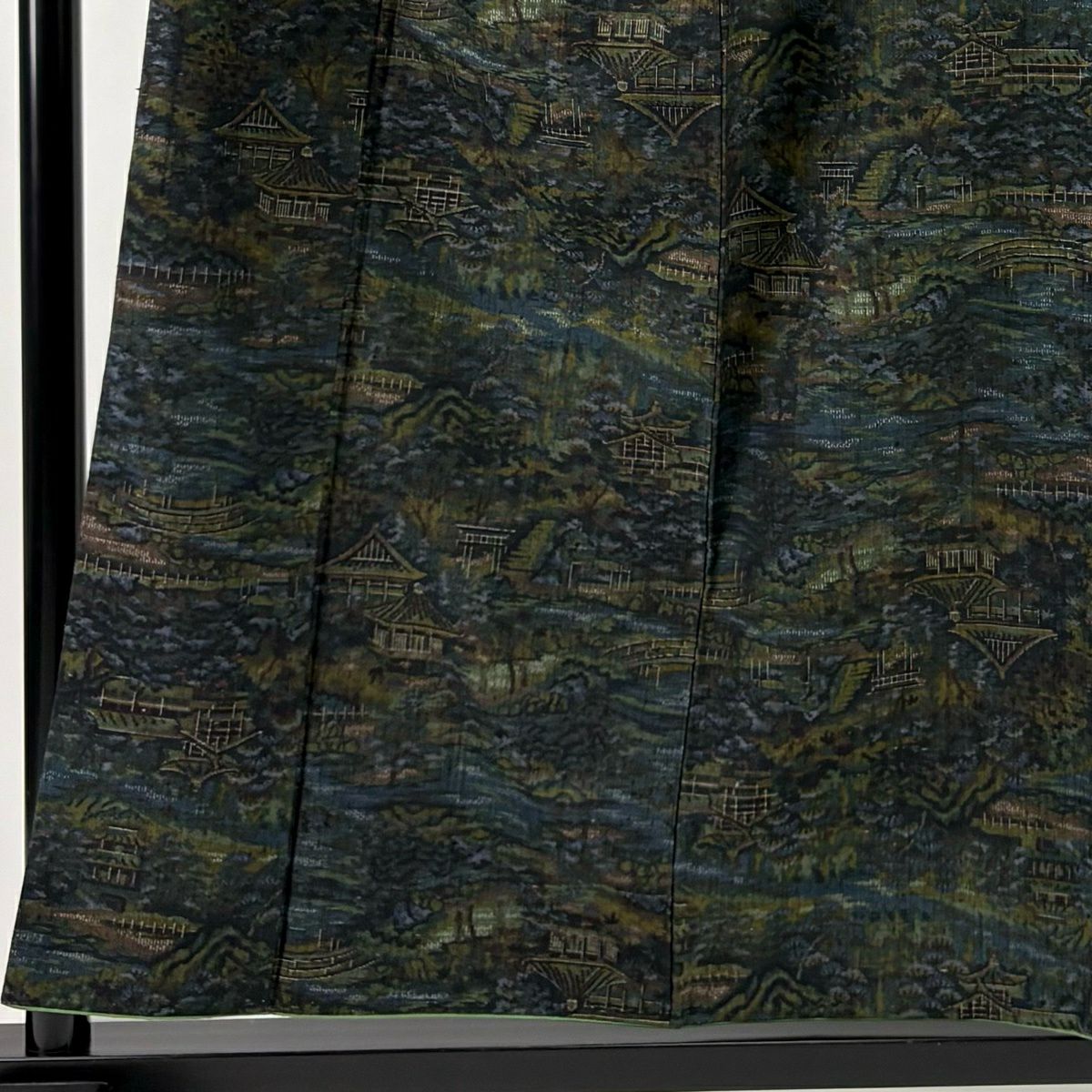 【美品】 紬織 身長156cm 袖長64cm M 雙層 證書在手 建築 風景 墨 黑 純蠶絲 名品級