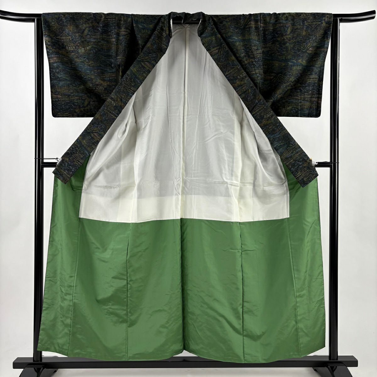 【美品】 紬織 身長156cm 袖長64cm M 雙層 證書在手 建築 風景 墨 黑 純蠶絲 名品級