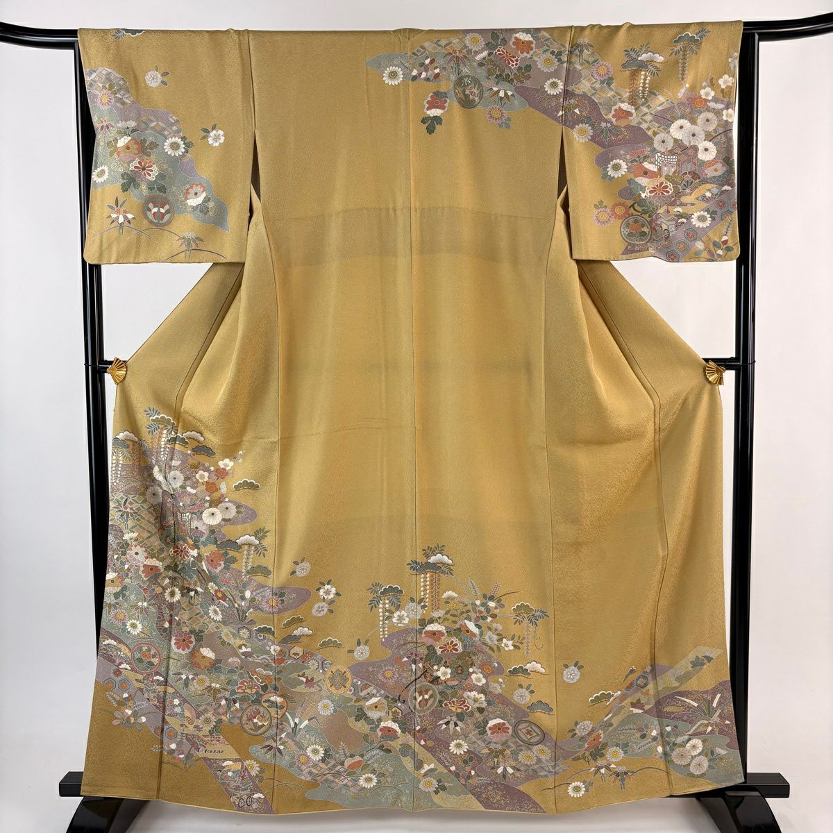 訪問服 身長163cm 袖長64.5cm M 雙層 御所車 松樹竹子梅花 金銀彩 淡黃土色 純蠶絲 名品級