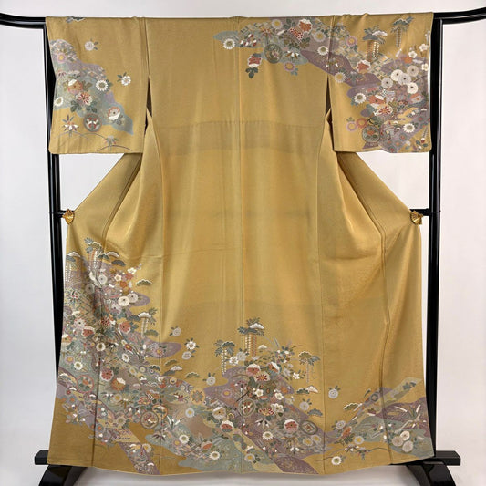 訪問服 身長163cm 袖長64.5cm M 雙層 御所車 松樹竹子梅花 金銀彩 淡黃土色 純蠶絲 名品級