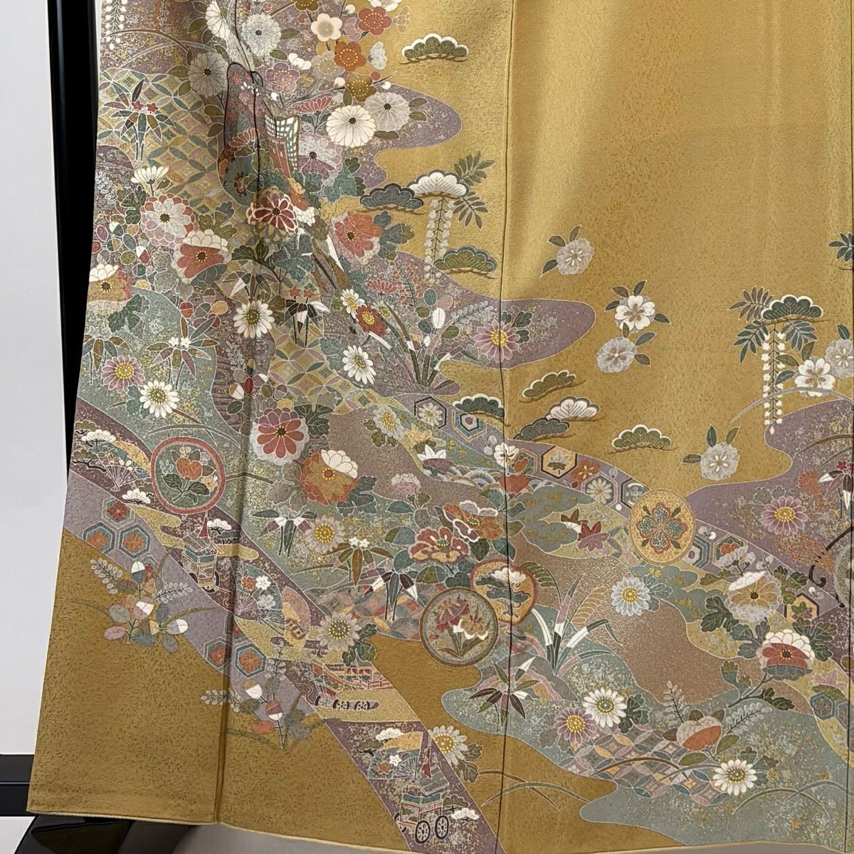訪問服 身長163cm 袖長64.5cm M 雙層 御所車 松樹竹子梅花 金銀彩 淡黃土色 純蠶絲 名品級